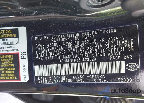 2014 Toyota Camry Le z USA, uszkodzony, nr VIN 4T1BF1FK2EU823028